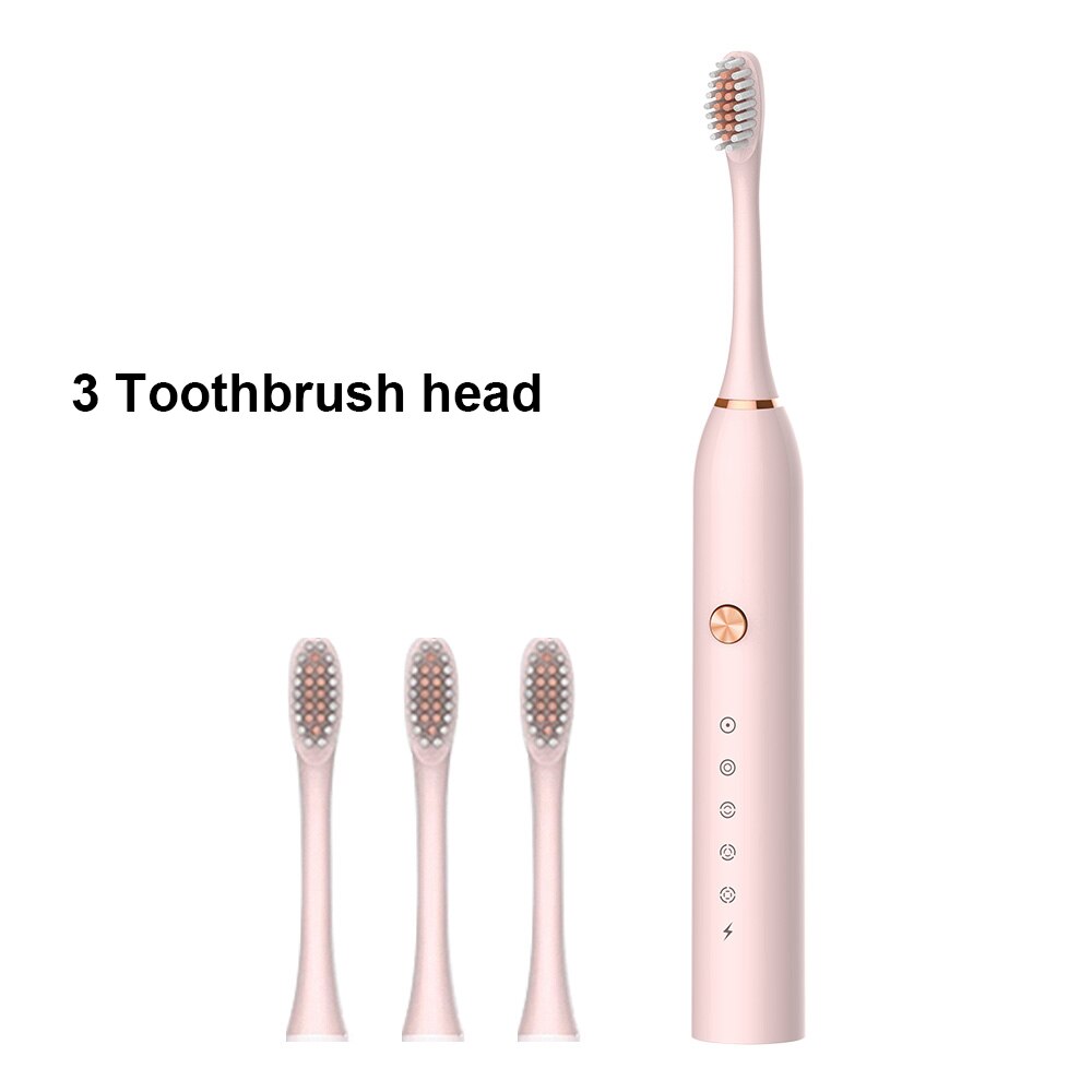 Powerful Ultrasonic Sonic Electric Toothbrush USB Rechargeable Toothbrush Adult Electronic Washable Whitening relax Teeth Brush: Pink 3 Heads