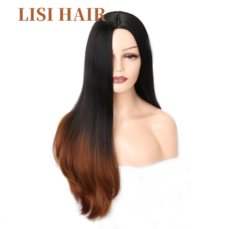 LISI Pelo Largo liso negro degradado marrón gris pelucas púrpuras para mujeres tamaño medio pelo sintético fibra de alta temperatura