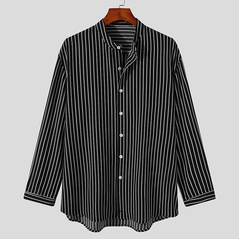 Men Striped Shirt Stand Collar Long Sleeve Casual Camisa Masculina Streetwear Button Loose Leisure Tops S-5XL INCERUN: XL