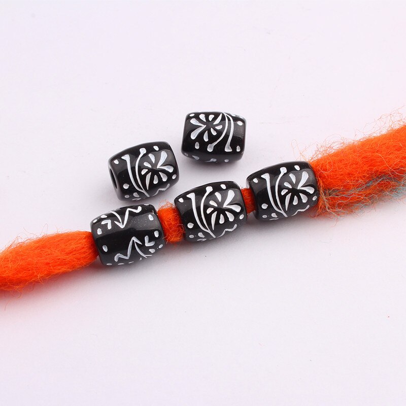 10 Stks/set Pruik Haar Ring Stijl Kralen Zwarte Print Plastic Groot Gat Kralen Afrikaanse Geweven Decoratieve Kralen Kralen Voor Vlechten
