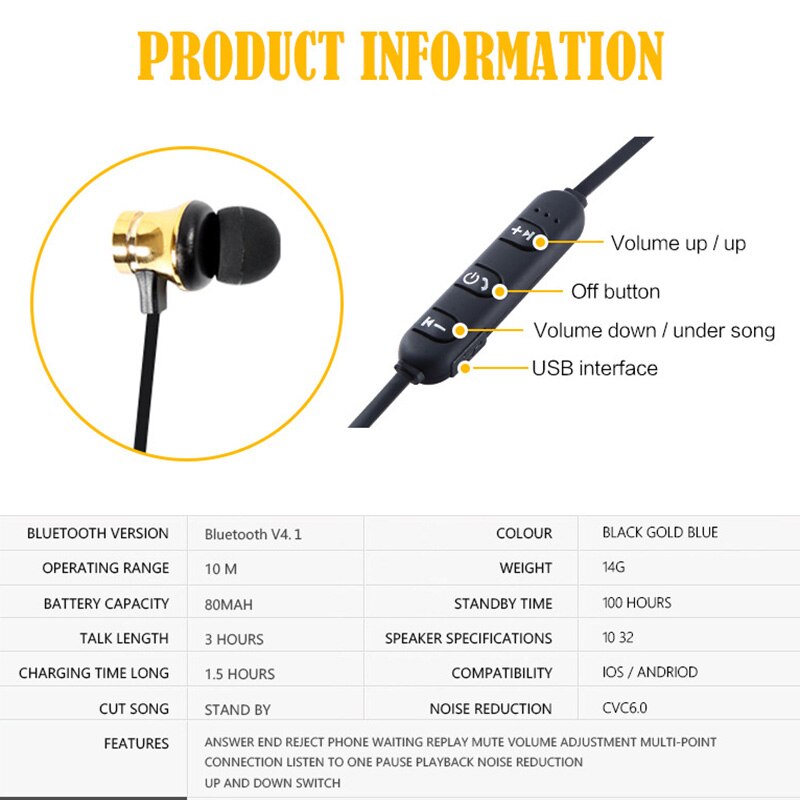 Auriculares Bluetooth 4,2 Con banda para el cuello, auriculares inalámbricos magnéticos estéreo para música, auriculares metálicos con micrófono para todos los teléfonos