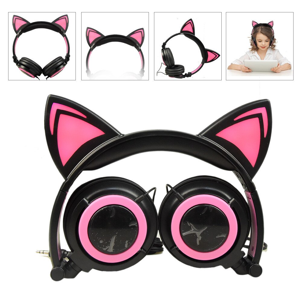 Foldable Cat Ear LED Music Lights Headphone Earphone headset for Laptop MP3 Palyer And Different Type Smart Phone: BK