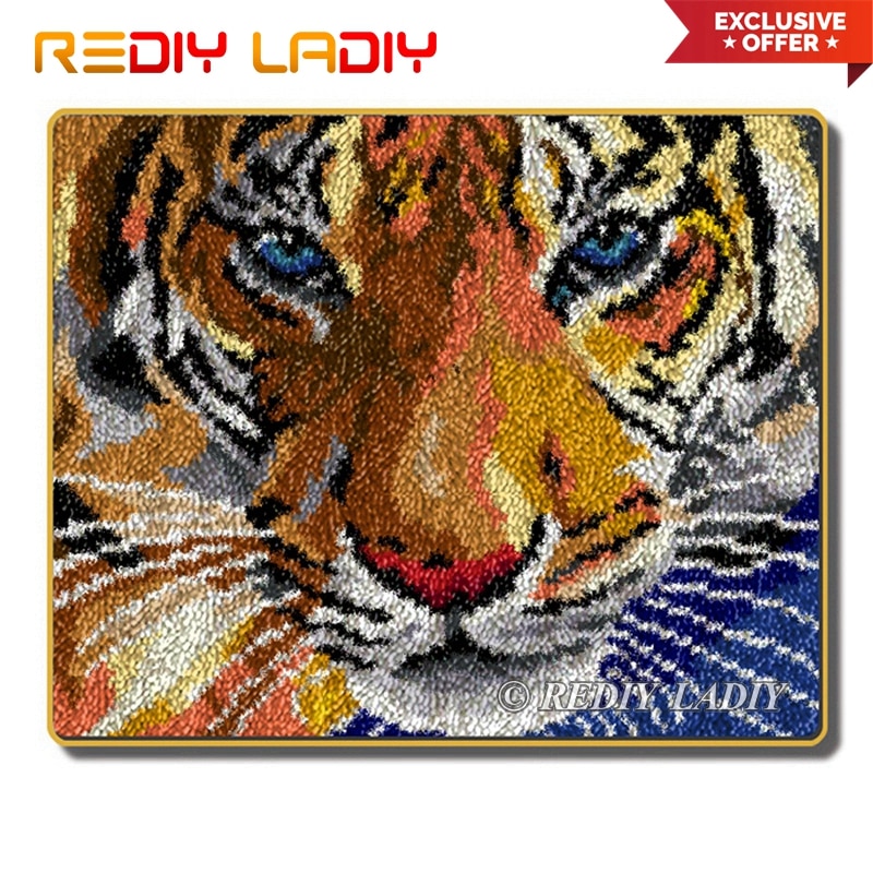 Latch hook tæppe kits king of tiger hæklet tæppe 100%  akryl garnpude måtte diy tæppe tæppe boligindretning kunst og håndværk