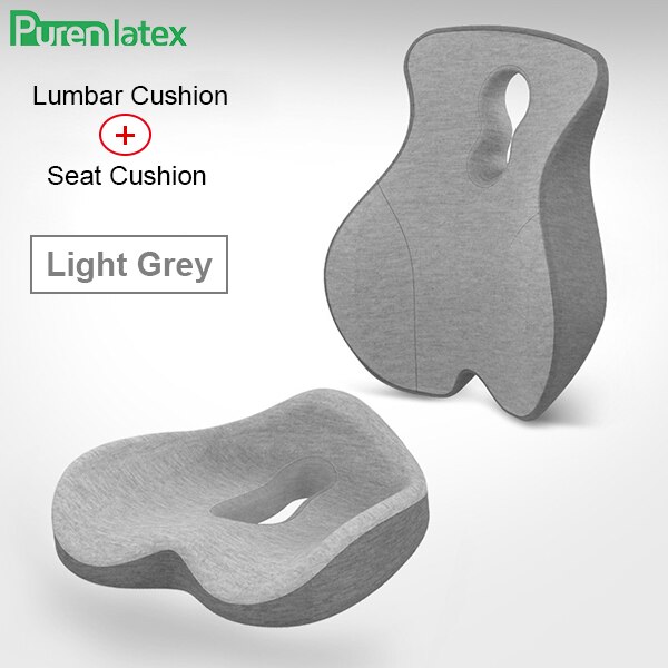 Purenlatex Chair Cushion Set Memory Foam Seat Cushion Lumbar Support Orthopedic Pillow Protect Coccyx Relieve Back Pain Car Seat: Light Grey Set