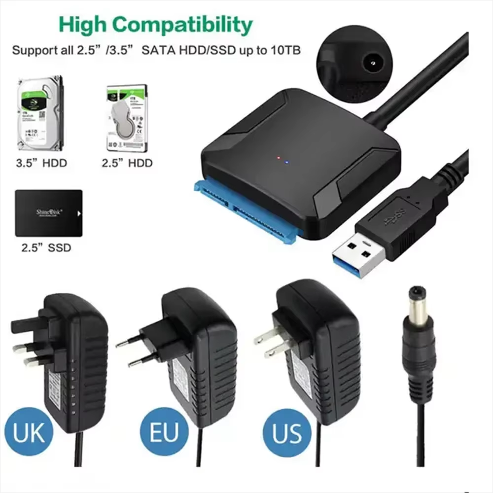 SATA 3 zu USB 3.0 Adapter SATA III Kabeladapter Externes Festplattenkonverterkabel für 2,5/3,5 Zoll HDD SSD mit Netzteil