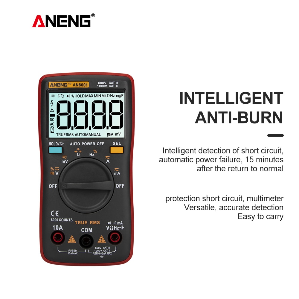 Aneng AN8001 True-Rms Auto Range Digitale Multimeter Ac/Dc Spanning Ampèremeter Current Meter Temperatuur Meting