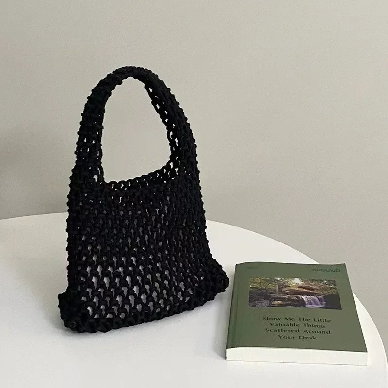 Borsa a tracolla da spiaggia di nuova personalità Corda di cotone Borsa monospalla intrecciata scavata Borsa sotto le ascelle da donna di grande capacità: Black