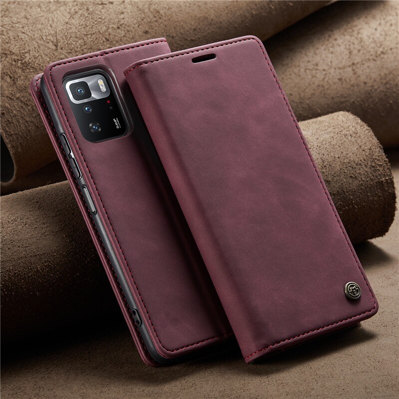 Caseme flip caso carteira para xiaomi poco x3 gt x3gt capa funda em xiomi pocox3gt pocox3 gt couro flip slots de cartão macio saco caso: Vinho Tinto