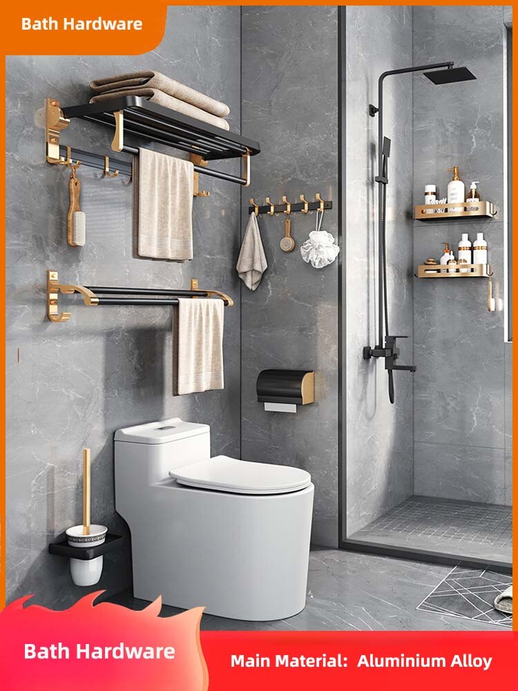 Zwart Gouden Badkamer Hardware Handdoekhouder Bar Rack Handdoek Houder Rij Haak Tissue Rack Wc Borstel Papier Houders
