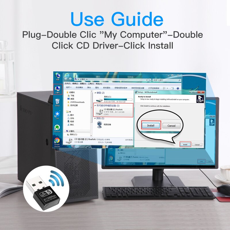 1200Mbps Mini USB Wifi Adapter Network Lan Card For PC Wifi Dongle Dual Band 2.4G&5G Wireless Wi-Fi Receiver Desktop Laptop