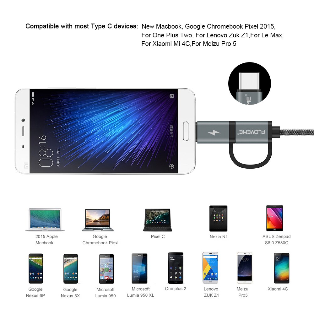 FLOVEME 2 w 1 MircoUSB + rodzaj-c kabel USB pleciony szybka ładowarka QC 3.0 USB-C telefon komórkowy kabel robić galaktyka S8 Xiaomi Smartphone