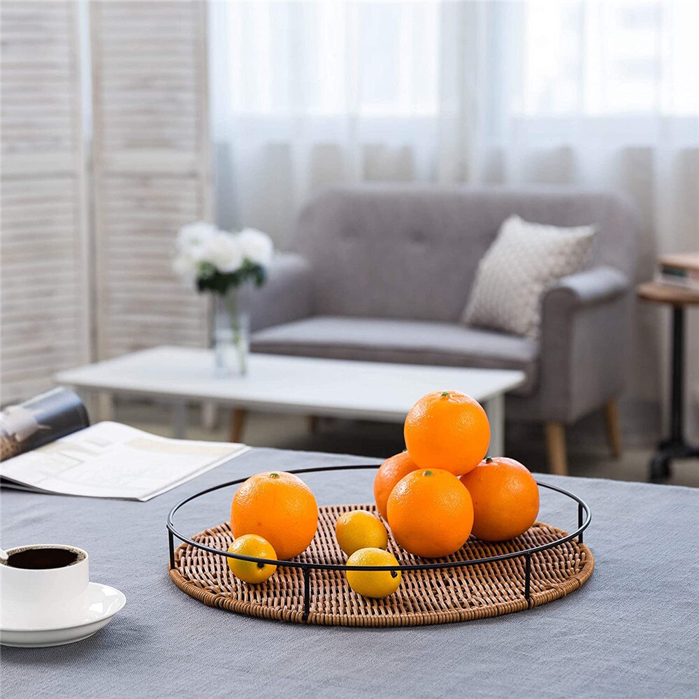 Rattan Woven Tray Round Basket Tray Coffee Table Tray Wood Plates Ottoman Tray for Living Room Brunch Decor Kitchen Ware