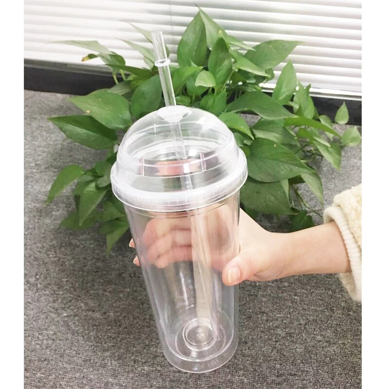 20oz Milk Tumbler With Dome Lids Clear Plastic Cups With Straw Double Wall Reusable Water Bottle Fruit Cup For Party