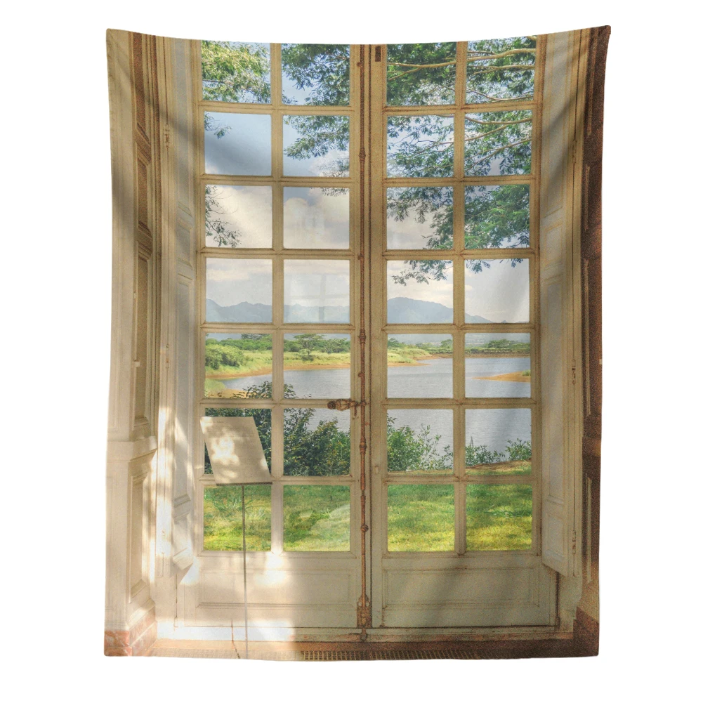 Tapiz de paisaje de ventana para colgar en la pared, decoración Vintage para habitación de niña, arte bohemio, estética, dormitorio, Sábana de colchón de Yoga: 1.900 mm × 1.250 mm / Azul
