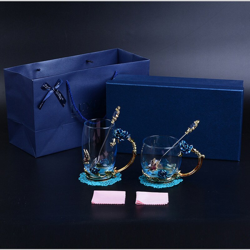 Skönhet och nyhet emalj kaffekopp mugg blomma te glas koppar för och kalla drycker te kopp sked set perfekt bröllop  b2