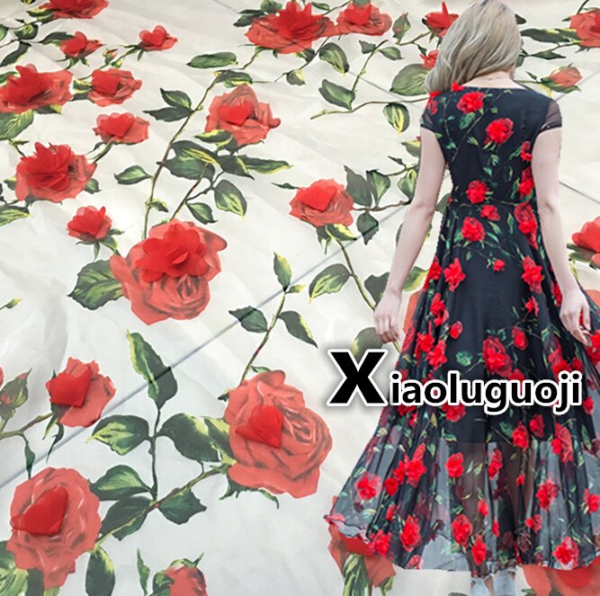 Mesh Chiffon lace fabric 3D flowers embroidery fabric Transparent mesh fabric for dress DIY patchwork