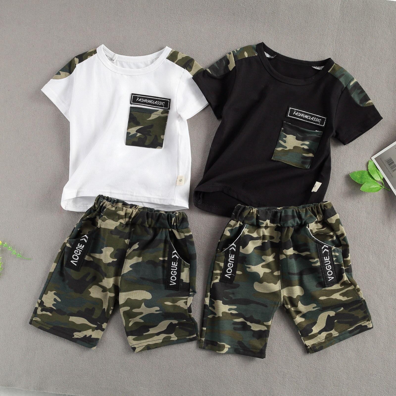 Focosorn – ensemble de vêtements d'été pour bébés garçons de 1 à 4 ans, imprimé Camouflage, manches courtes, poche, Short