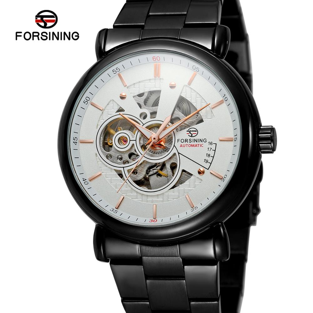 FORSINING Luxe Automatische Mechanische Horloge Goud Stalen Zakelijke Horloges Originele Mannen Horloge Top Klok Mannen Relojes Masculino: BLACK WHITE