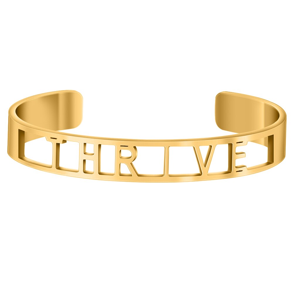 Cor do ouro oco para fora de aço inoxidável palavras inspiradoras positivas mantra mantra mantra pulseira pulseiras para homem presente feminino: THRIVE