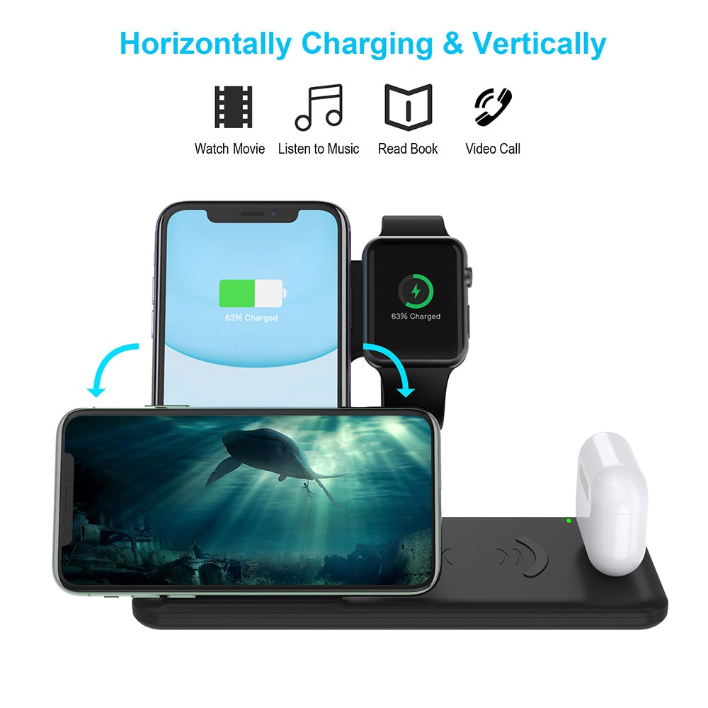 4 in 1 15w langaton laturi jalusta iphone x xs  xr 8 11 apple watch 5 4 3 2 airpods pro samsung qi pikalatausasemat telakka-asema