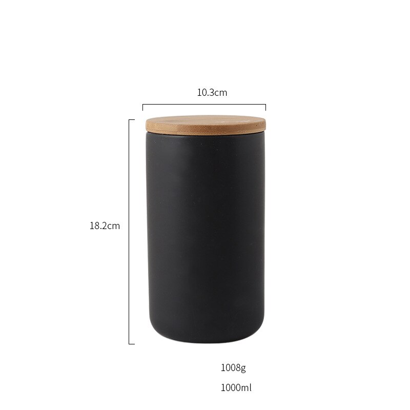 organizador de botellas de cocina o cafetería de estilo nórdico europeo con tapas de madera selladas y recipiente redondo para alimentos: 1000ml - Black