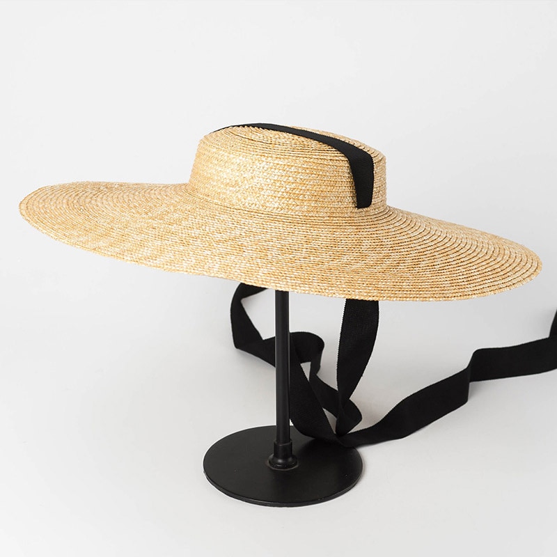 Sombrero de ala ancha Boater 15Cm sombrero de paja de ala plana mujeres Kentucky Derby sombrero negro lazo sombrero de sol playa