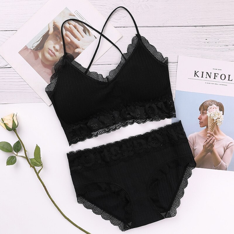 Sexy Lingerie Bra Set Beauty Back Tanks Tops Women Lace Tube and Panties Set: Black