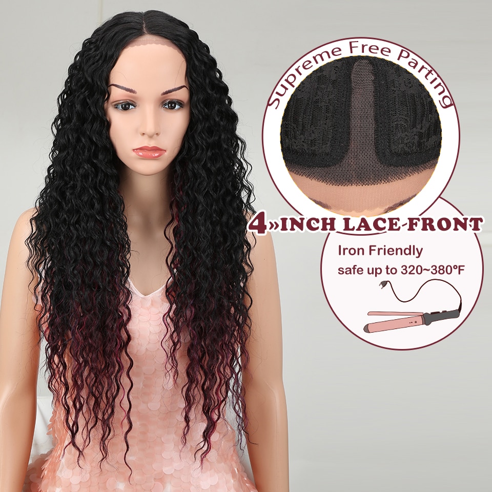 Magic Hair Synthetische Pruik Lace Front Synthetische Pruik Lang Krullend Zwart Rood Pruik 28 Inch Zwart Rood Amerikaanse Synthetische Kant voor Pruik