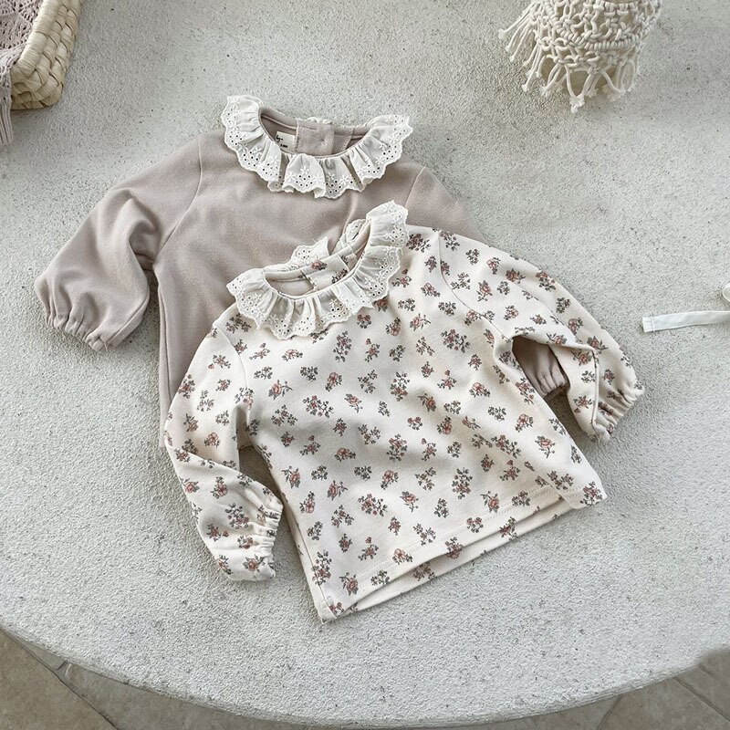 Baby Girl Spring Floral Shirts Cotton Infant Long Sleeve Tops Lace Collar Princess Blouse Kids Baby Girl Bottoming Shirt