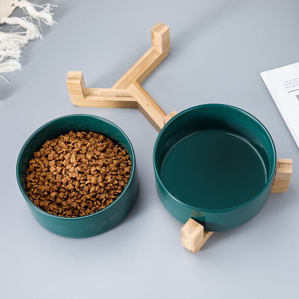 Bol pour chat surélevé en céramique avec support en bois, nourriture pour animaux domestiques, distributeur d'eau pour chats et chiens