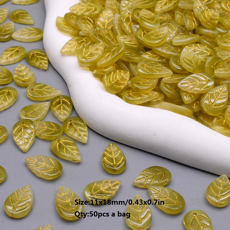 11x18mm 50pcs/Bag Green Glass Tree Leaves Charms Leafs Beads Pendants For Jewelry Making Handmade Glass Crafts Bracelet Earring: Champagne gold