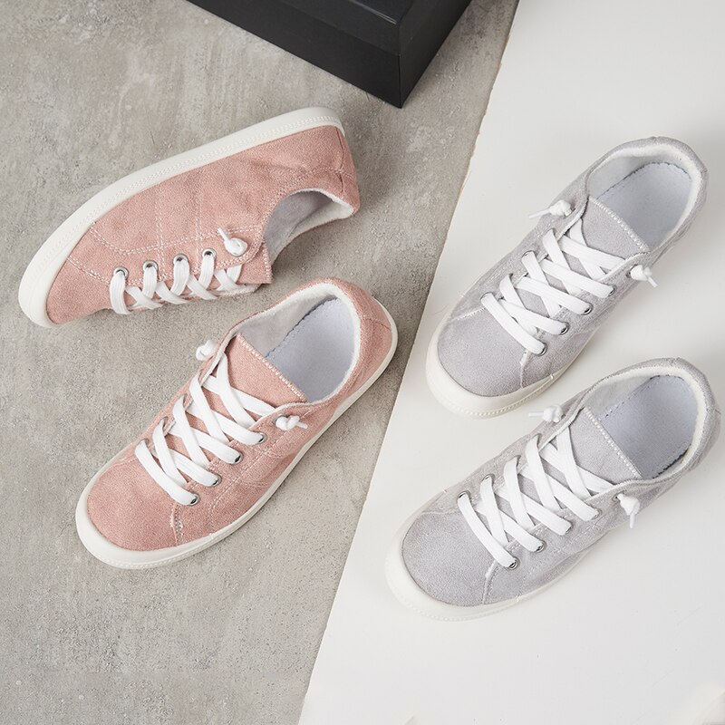 Schoenen dames grijze canvas sneakers veterschoenen platte loafers comfortabele vulkanische schoenen casual