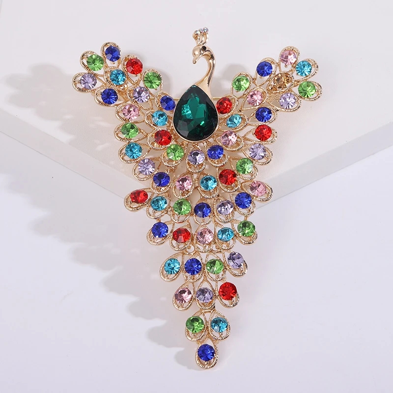 Grande broche de luxe en plumes de paon, nouvelle broche en strass, Vintage, élégance, Banquet, mariage, Corsage, manteau, boucle de châle