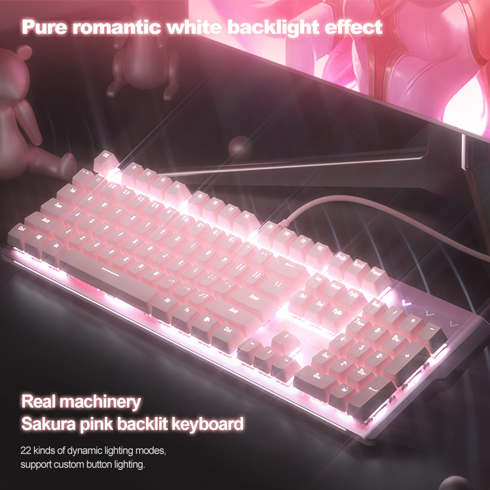Cute Pink Gaming Mechanical keyboard Wired computer Keyboard 104key USB Interface White Backlight Suitable for Gamers PC Laptops