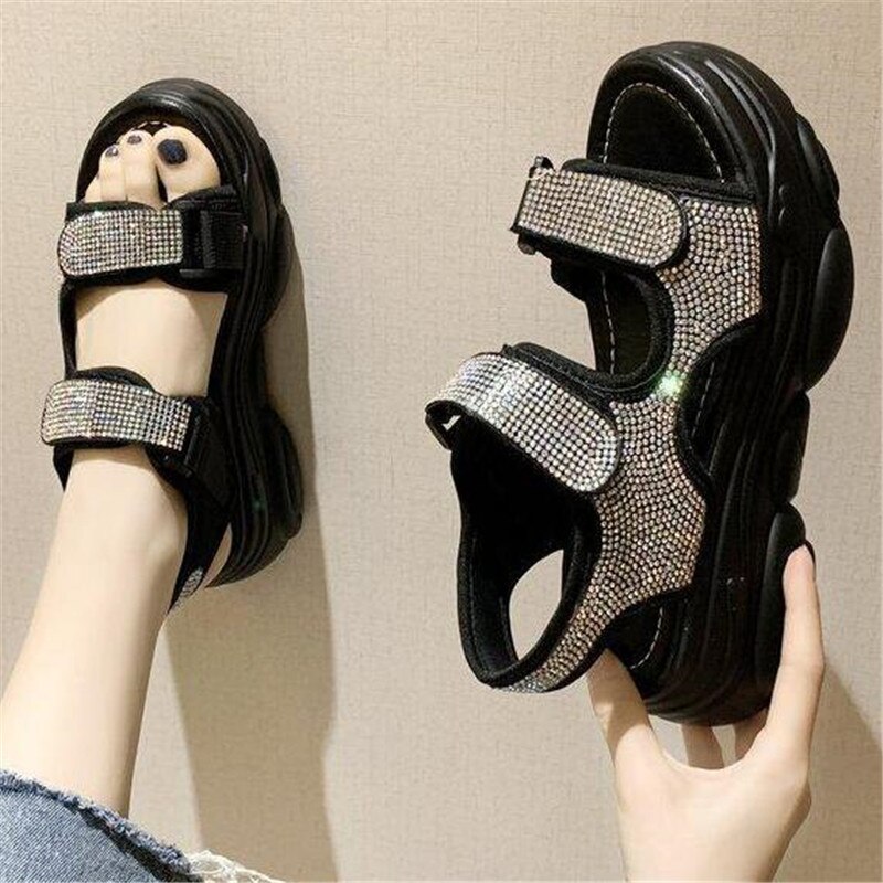 Sandales à talons compensés avec strass pour femmes, chaussures à plateforme, semelle épaisse, noir, blanc, nouvelle été