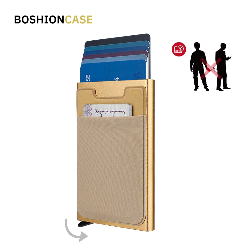 BOSHIONCASE-tarjetero de aluminio con pegatina para hombre, Mini billetera de aluminio con bolsillo elástico