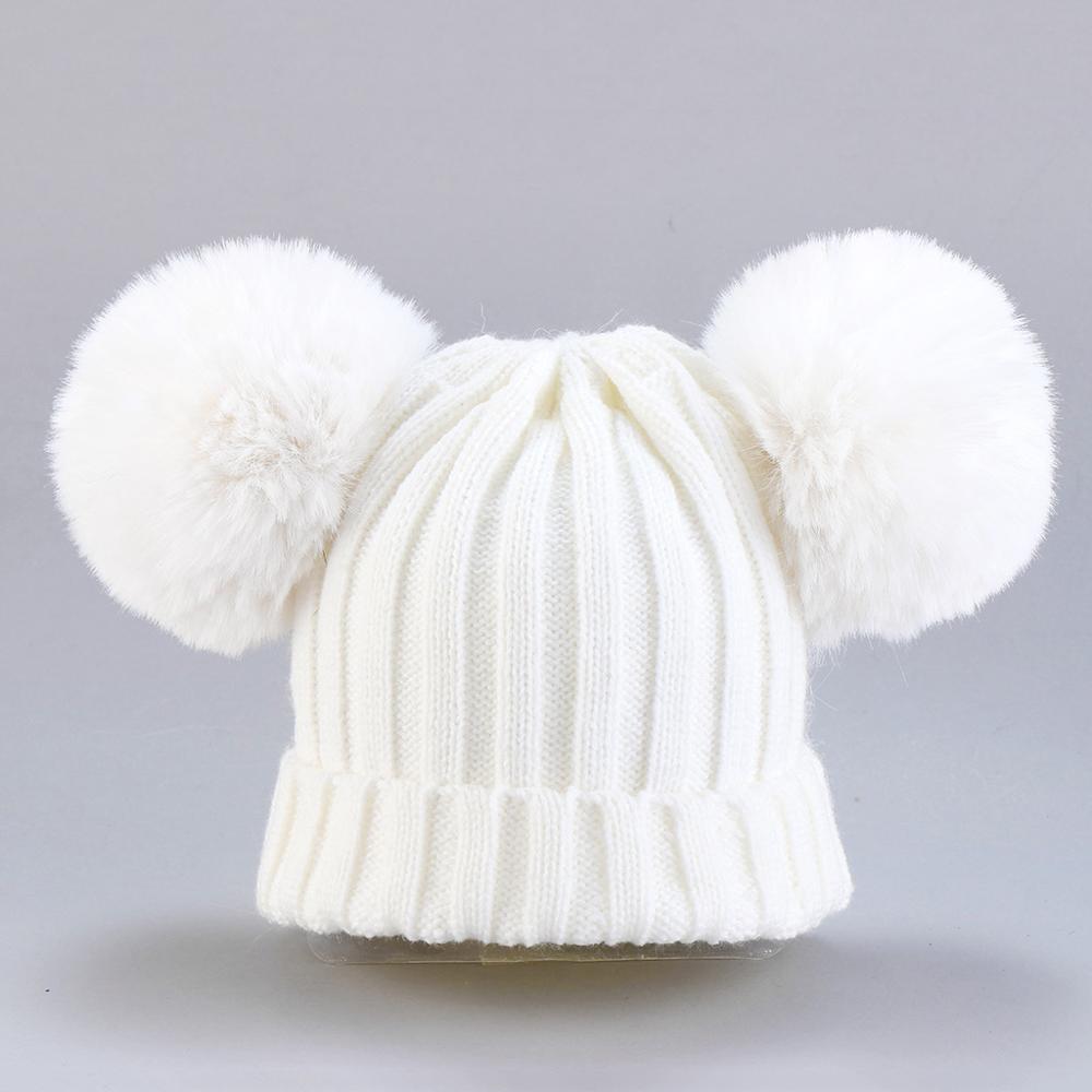 Explosie modellen Europa en Amerika baby gebreide muts winter warme muts sjaal set jongens en meisjes gebreide muts dubbele haar bal wol ha: white