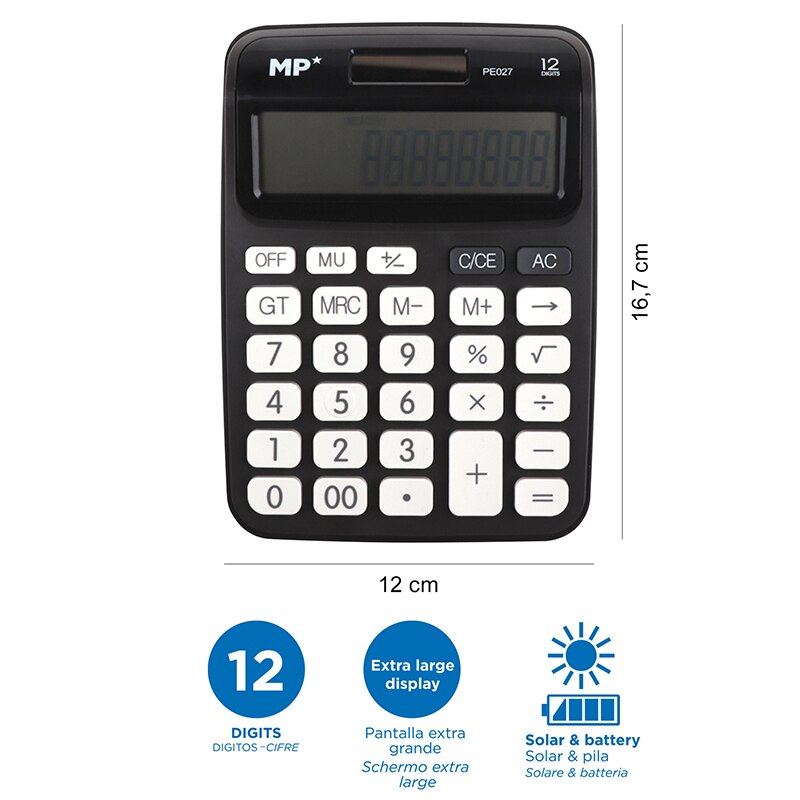 MP® Calculadora 12 Dígitos con Pantalla LCD Fuente Energía Solar Portátil Oficina Escritorio Estudiantes Escuela Batería Suministros Material Escolar TrabajoBotón Matemáticas Herramienta Digital Papelería 4 Colores