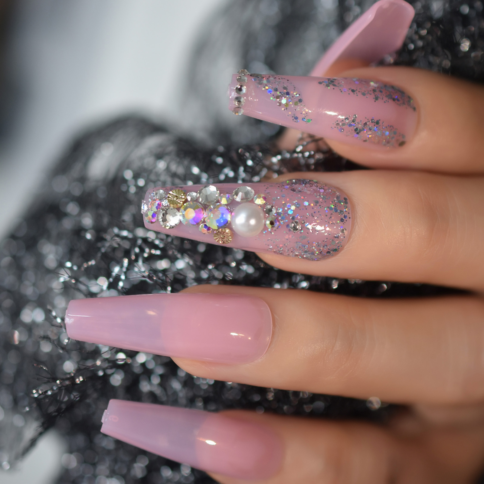 Extra Lange Druk Op Nagels Met Strass Parels Glitter Roze Nep Nagels Doodskist Ballerina Glossy Acryl Nail Tips Voor Vrouw