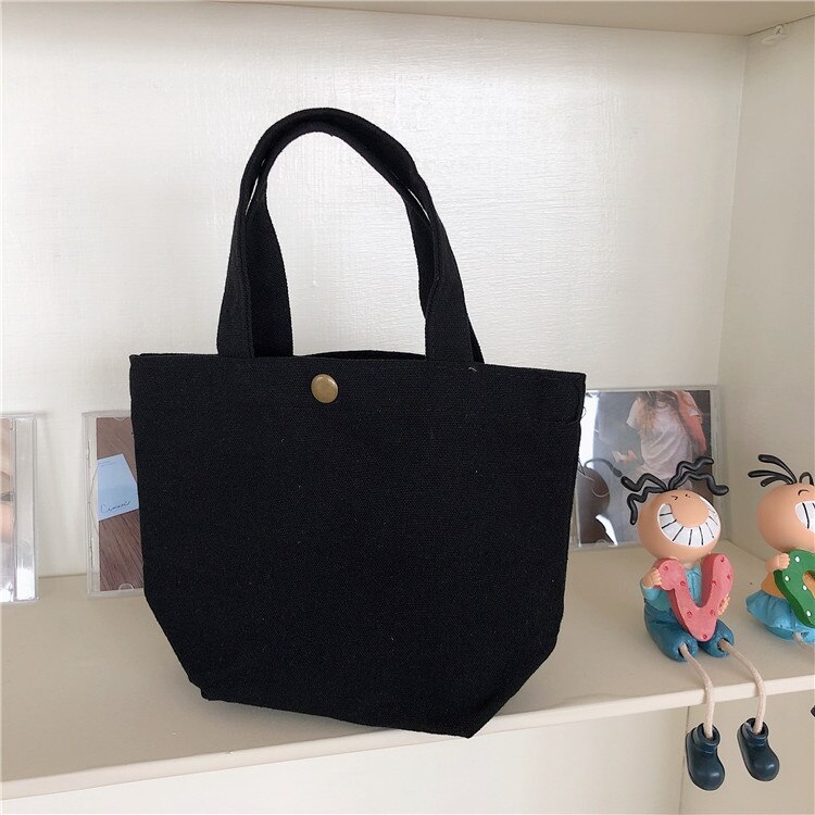 Draagbare Kleine Canvas Schoudertas Voor Vrouwen Eenvoudige Meisjes Student Bento Lunch Tas Snoep Kleuren Doek Winkelen Handtassen Mini Tote: black