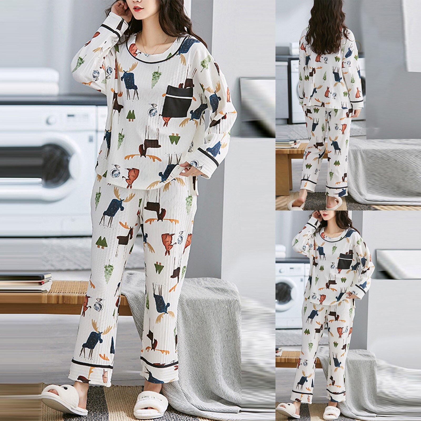 Plus Size Women's Pajama Set Autumn Cute Print Home Suit Pajamas 2 Piece Sleepwear Elastic Waist Top + pant Loose Home Wear#30