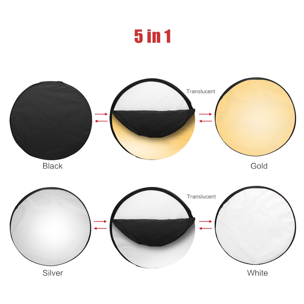 110cm/43 Inch Photography Light Reflector 5-in-1(Translucent/Silver/Gold/White/Black) Collapsible Studio Outdoor with Carry Bag