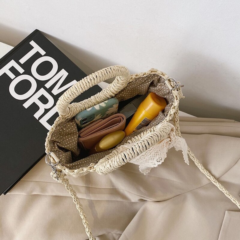 Women Straw Beach Tote Woven Summer Shoulder Bag Female Travel Vacation Casual Crossbody Handbag Drawstring Shopping Purse