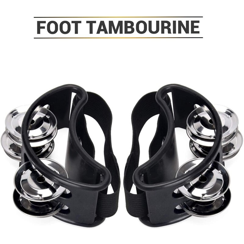 2 szt. Tamburyn stóp, perkusyjny instrument muzyczny dzwony z 4 paryskimi metalowymi brzęk dzwony i regulowanym paskiem, czarny