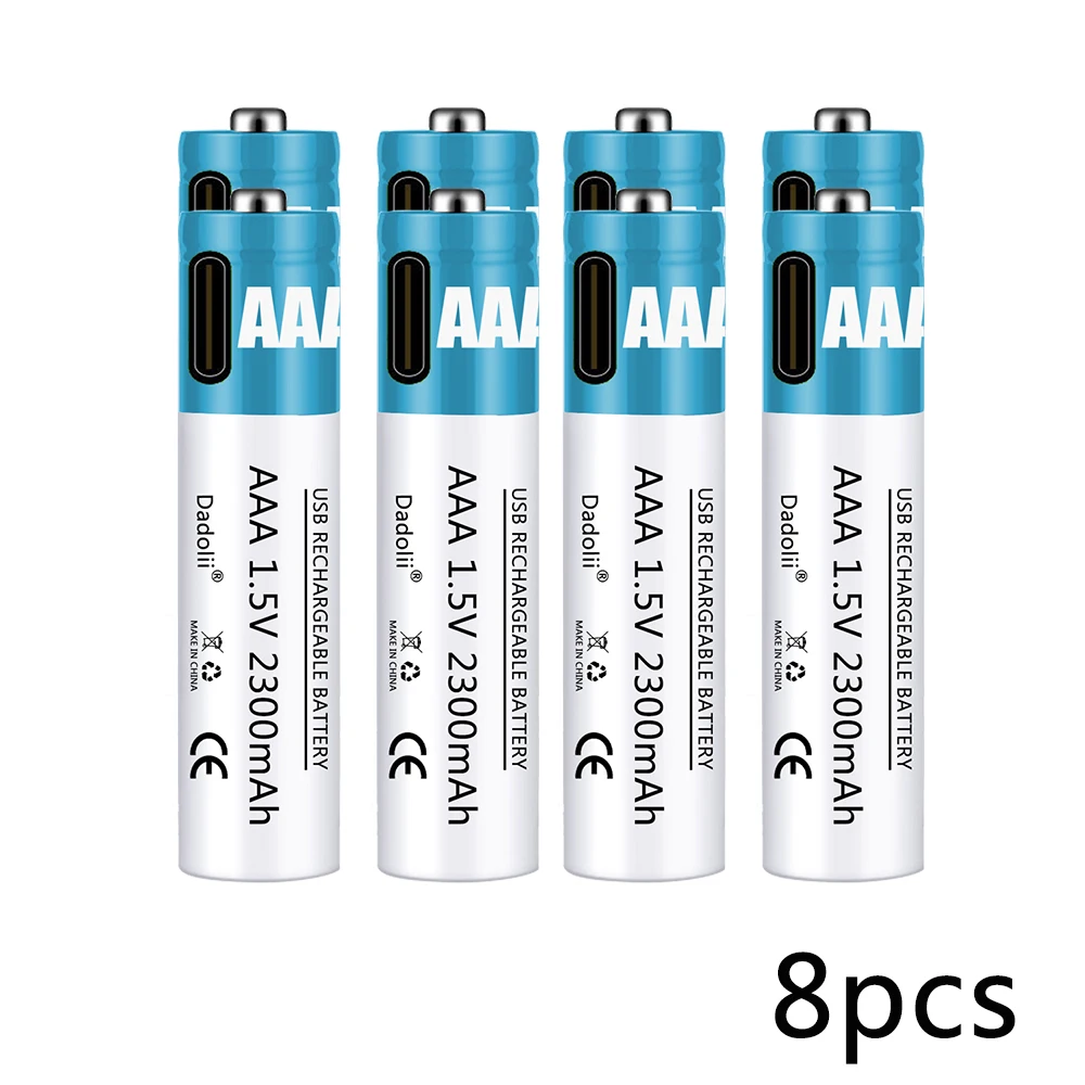 1.5v laddningsbara aaa-batterier, 2300 mah laddningsbart aaa-batteri, litiumpolymerbatteri, snabbladdning med usb-c-kabel: Blå