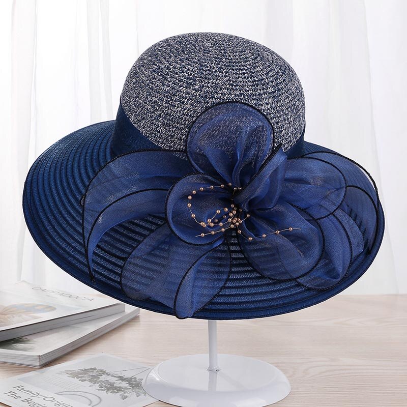 Ymsaidhigh Guality Elegante Vrouwen Kerk Hoeden Voor Zomer Mode Grote Bloem Zonnehoed Brede Rand Strand Casual Strand Chapeu Feminino: Navy blue
