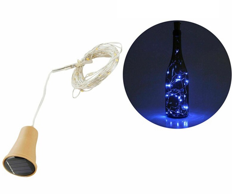 Zonne-energie aangedreven wijnfles kurk festival buitenverlichting slingerverlichting buitenverlichting 1m/2m- vormige led koperdraad string: Blauw / 2m 20 geleid