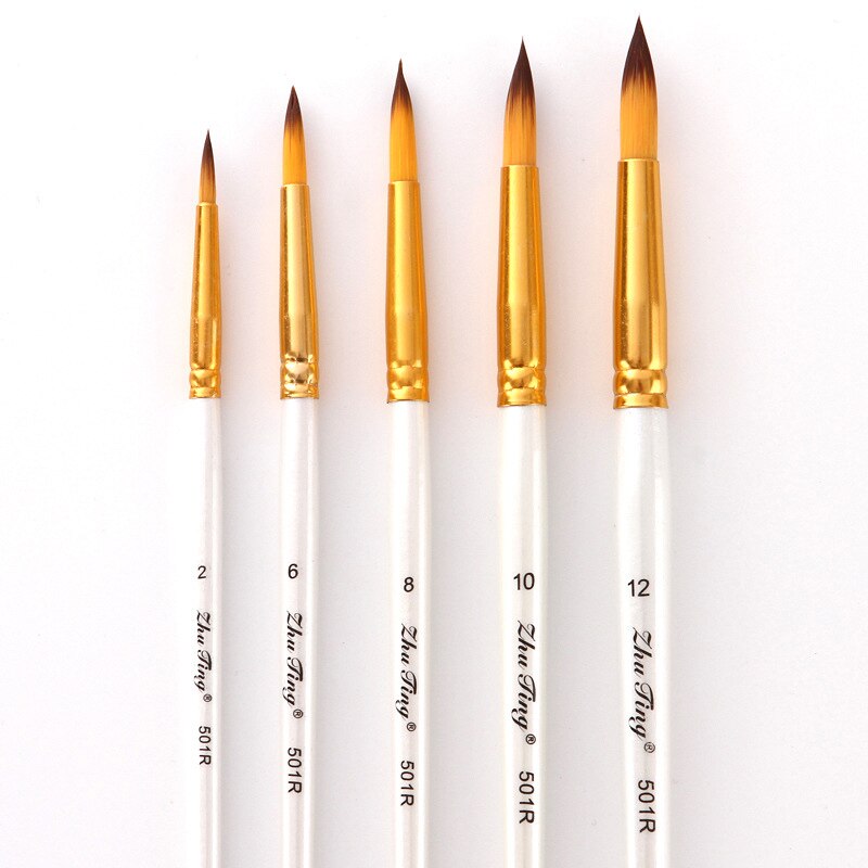 Pincel de nailon para pintura acrílica Gouache, suministros de arte, punta plana, tubo dorado, blanco, 5 unids/paquete