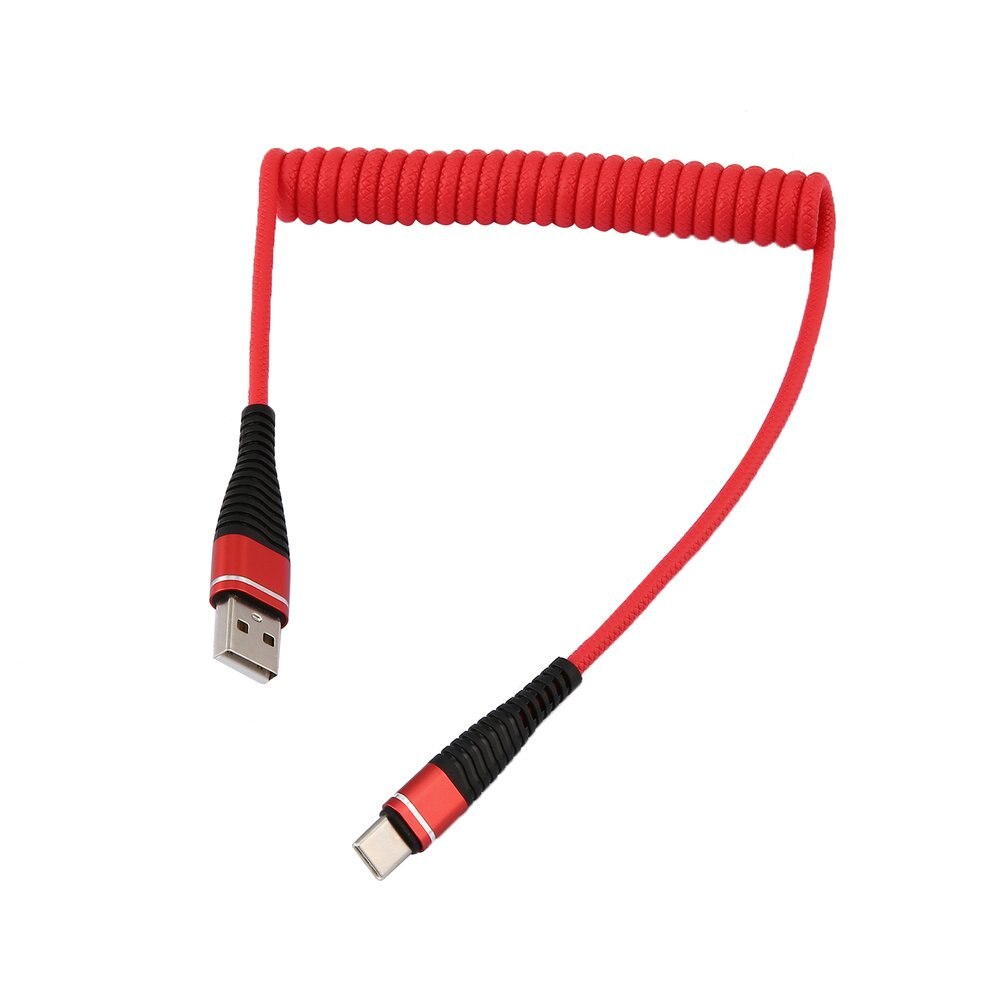 spiral type-c hann skjøteledning datasync lader metalltråd ladekabel usb-c type c kabel strukket spiralfjær til samsung: Rød