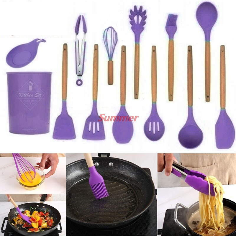 Purple Silicone Cooking Utensils Set Non-stick Spatula Shovel Wooden Handle Cooking Tools Set Special Heat-resistant